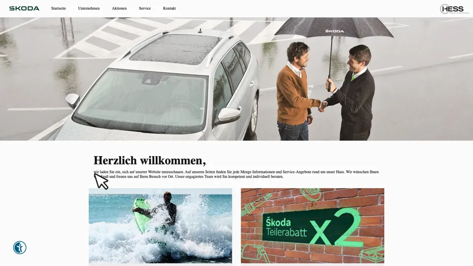 Das Bild zeigt die Webseite www.auto-hess.skoda-auto.de mit einem aktiven danova Assistant, der geöffnet und wieder geschlossen wird.
