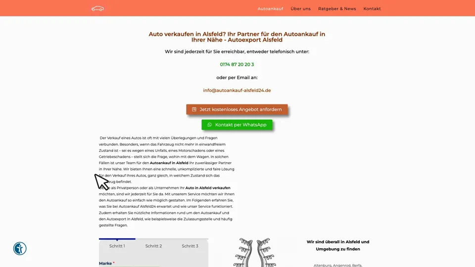 Das Bild zeigt die Webseite www.autoankauf-alsfeld24.de mit einem aktiven danova Assistant, der geöffnet und wieder geschlossen wird.