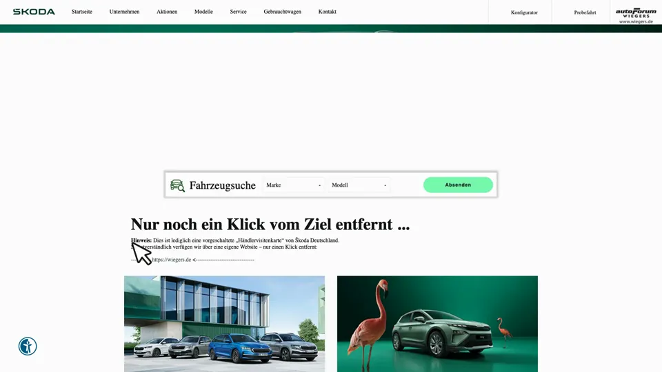 Das Bild zeigt die Webseite http://guetersloh.skoda-auto.de mit einem aktiven danova Assistant, der geöffnet und wieder geschlossen wird.