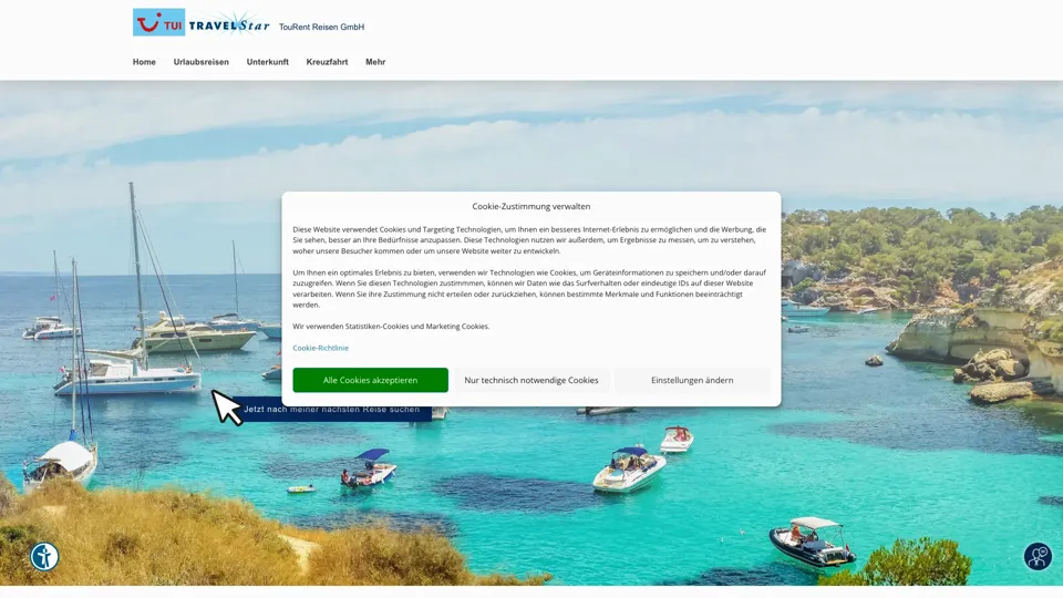 Das Bild zeigt die Webseite www.tourent-reisen-berlin.de mit einem aktiven danova Assistant, der geöffnet und wieder geschlossen wird.