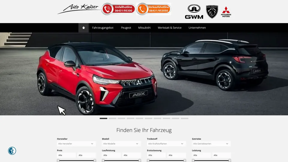 Das Bild zeigt die Webseite www.auto-kaiser-elz.de mit einem aktiven danova Assistant, der geöffnet und wieder geschlossen wird.