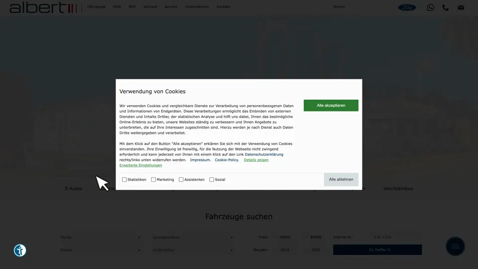 Das Bild zeigt die Webseite www.autohaus-albert.com mit einem aktiven danova Assistant, der geöffnet und wieder geschlossen wird.