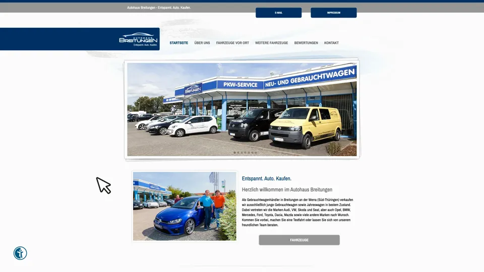 Das Bild zeigt die Webseite http://www.autohaus-breitungen.de mit einem aktiven danova Assistant, der geöffnet und wieder geschlossen wird.