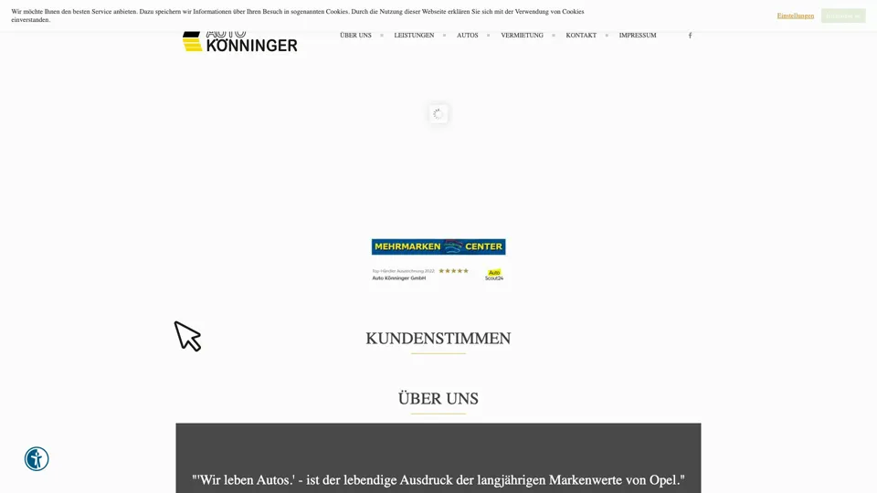 Das Bild zeigt die Webseite http://www.autohaus-koenninger.de mit einem aktiven danova Assistant, der geöffnet und wieder geschlossen wird.
