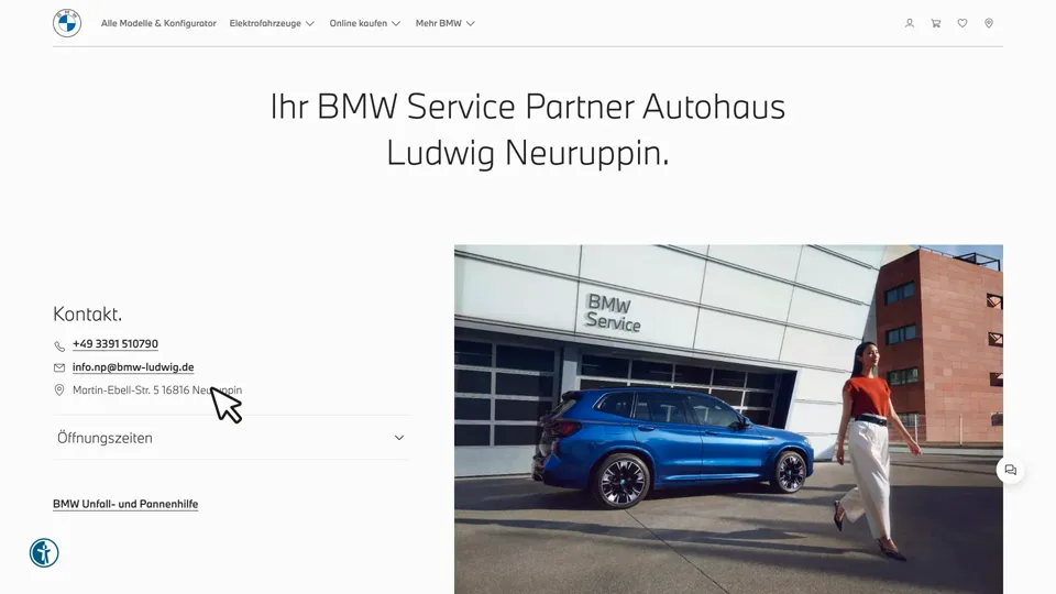 Das Bild zeigt die Webseite http://www.bmw-ludwig.de mit einem aktiven danova Assistant, der geöffnet und wieder geschlossen wird.
