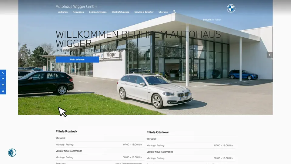 Das Bild zeigt die Webseite http://www.bmw-wigger.de mit einem aktiven danova Assistant, der geöffnet und wieder geschlossen wird.