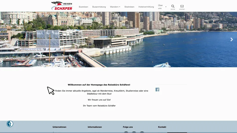 Das Bild zeigt die Webseite www.busundgruppen.de mit einem aktiven danova Assistant, der geöffnet und wieder geschlossen wird.