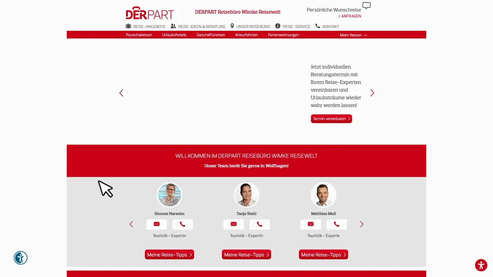 Das Bild zeigt die Webseite www.derpart.com mit einem aktiven danova Assistant, der geöffnet und wieder geschlossen wird.