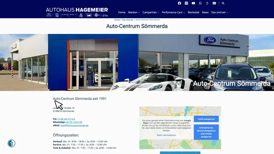 Das Bild zeigt die Webseite www.ford-soemmerda.de mit einem aktiven danova Assistant, der geöffnet und wieder geschlossen wird.