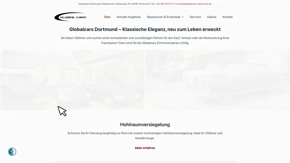 Das Bild zeigt die Webseite http://www.globalcars-dortmund.de mit einem aktiven danova Assistant, der geöffnet und wieder geschlossen wird.