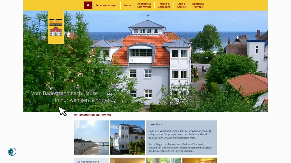 Das Bild zeigt die Webseite http://www.haus-wieck.de mit einem aktiven danova Assistant, der geöffnet und wieder geschlossen wird.