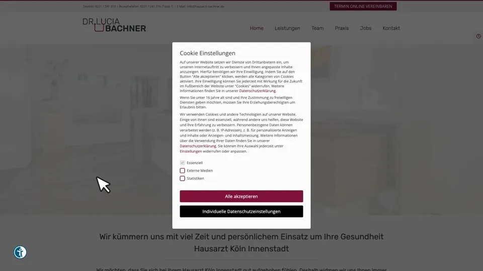 Das Bild zeigt die Webseite http://www.hausarzt-koeln-innenstadt.de mit einem aktiven danova Assistant, der geöffnet und wieder geschlossen wird.