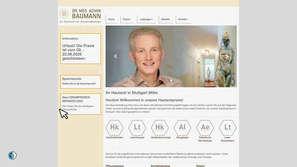 Das Bild zeigt die Webseite http://www.hautarzt-stuttgart-mitte.de mit einem aktiven danova Assistant, der geöffnet und wieder geschlossen wird.
