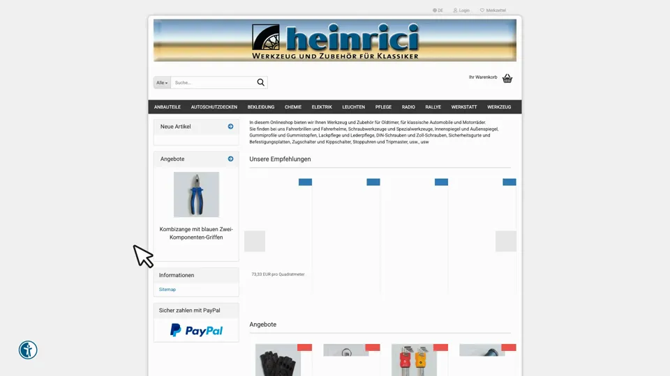 Das Bild zeigt die Webseite www.heinrici-klassik.de mit einem aktiven danova Assistant, der geöffnet und wieder geschlossen wird.