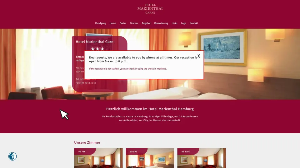 Das Bild zeigt die Webseite http://www.hotel-marienthal-hamburg.de mit einem aktiven danova Assistant, der geöffnet und wieder geschlossen wird.