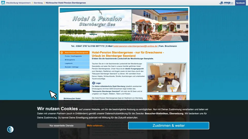 Das Bild zeigt die Webseite http://www.hotel-pension-sternbergersee.m-vp.de mit einem aktiven danova Assistant, der geöffnet und wieder geschlossen wird.