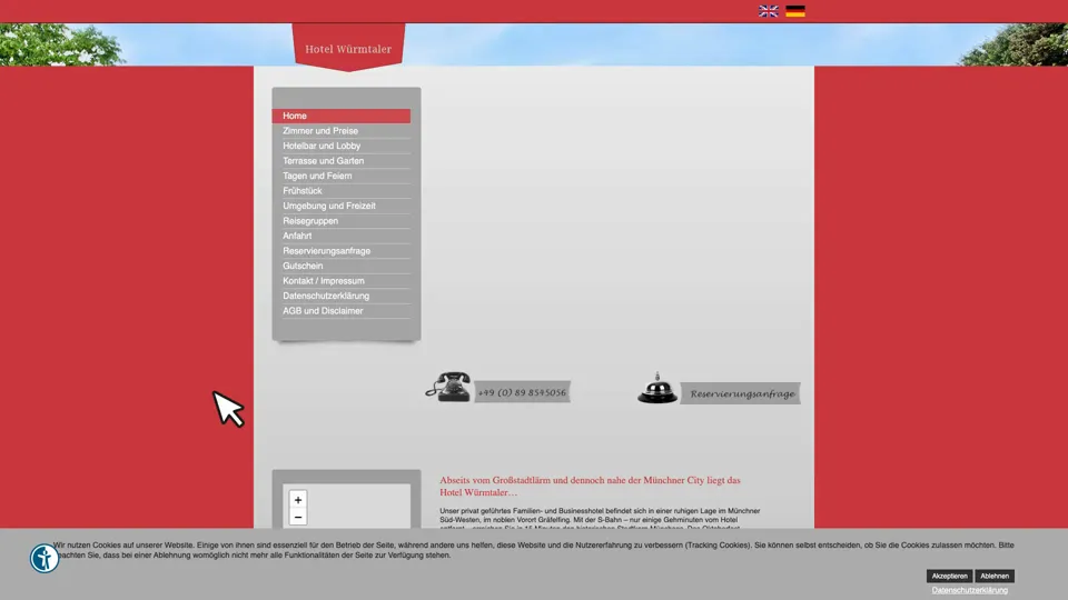 Das Bild zeigt die Webseite www.hotel-wuermtaler.de mit einem aktiven danova Assistant, der geöffnet und wieder geschlossen wird.