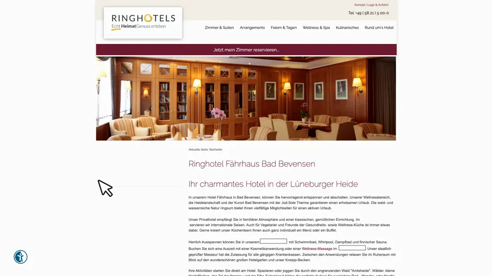 Das Bild zeigt die Webseite http://www.hotelfaehrhaus.de mit einem aktiven danova Assistant, der geöffnet und wieder geschlossen wird.