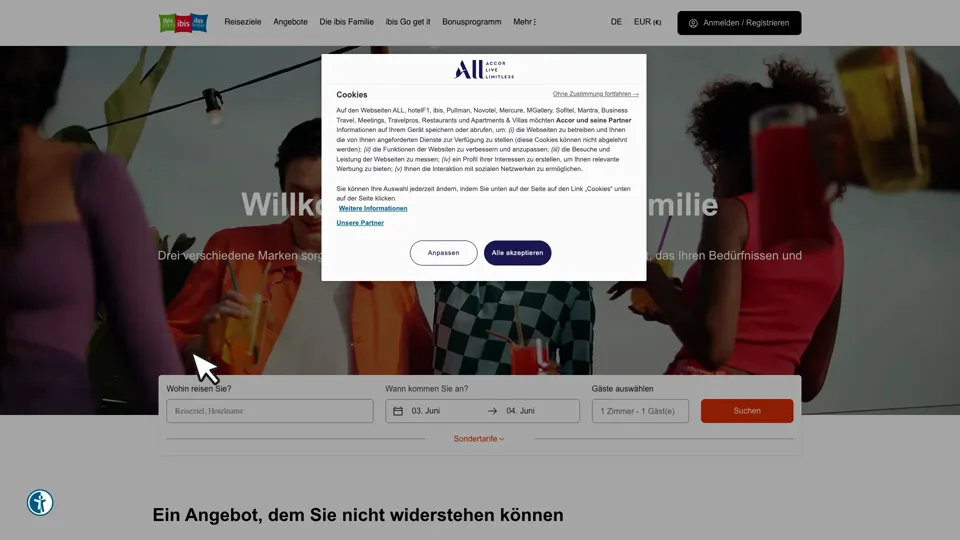 Das Bild zeigt die Webseite http://www.ibis.com mit einem aktiven danova Assistant, der geöffnet und wieder geschlossen wird.