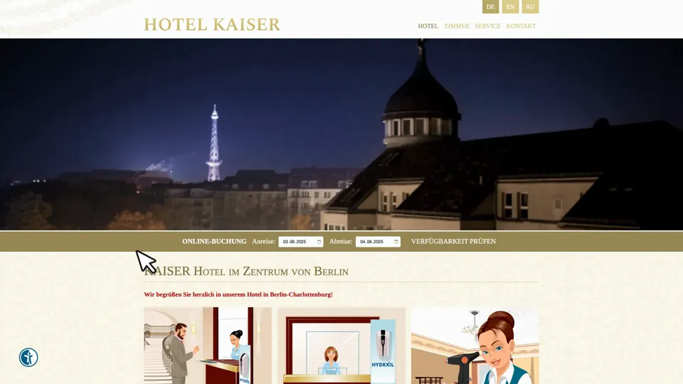 Das Bild zeigt die Webseite www.kaiser-hotel.de mit einem aktiven danova Assistant, der geöffnet und wieder geschlossen wird.