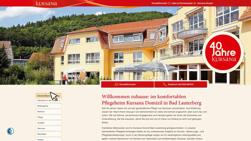 Das Bild zeigt die Webseite http://www.kursana.de/bad-lauterberg mit einem aktiven danova Assistant, der geöffnet und wieder geschlossen wird.