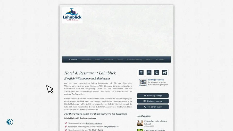 Das Bild zeigt die Webseite http://www.lahnblick.de mit einem aktiven danova Assistant, der geöffnet und wieder geschlossen wird.