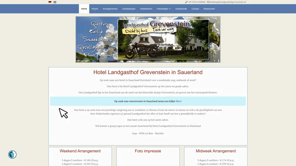 Das Bild zeigt die Webseite http://www.landgasthofgrevenstein.nl mit einem aktiven danova Assistant, der geöffnet und wieder geschlossen wird.