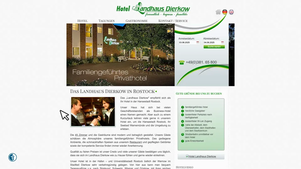 Das Bild zeigt die Webseite http://www.landhaus-dierkow.de mit einem aktiven danova Assistant, der geöffnet und wieder geschlossen wird.
