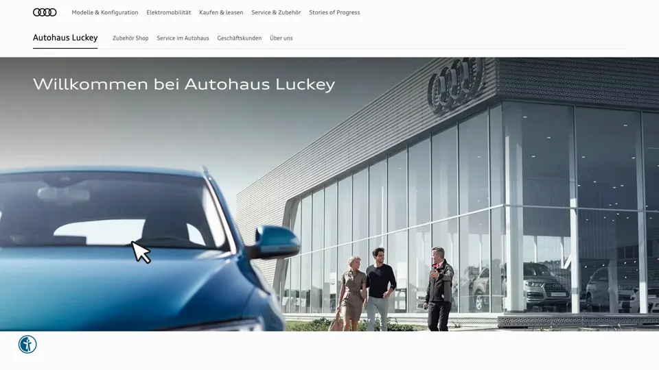 Das Bild zeigt die Webseite http://www.luckey-marsberg.audi/de.html mit einem aktiven danova Assistant, der geöffnet und wieder geschlossen wird.