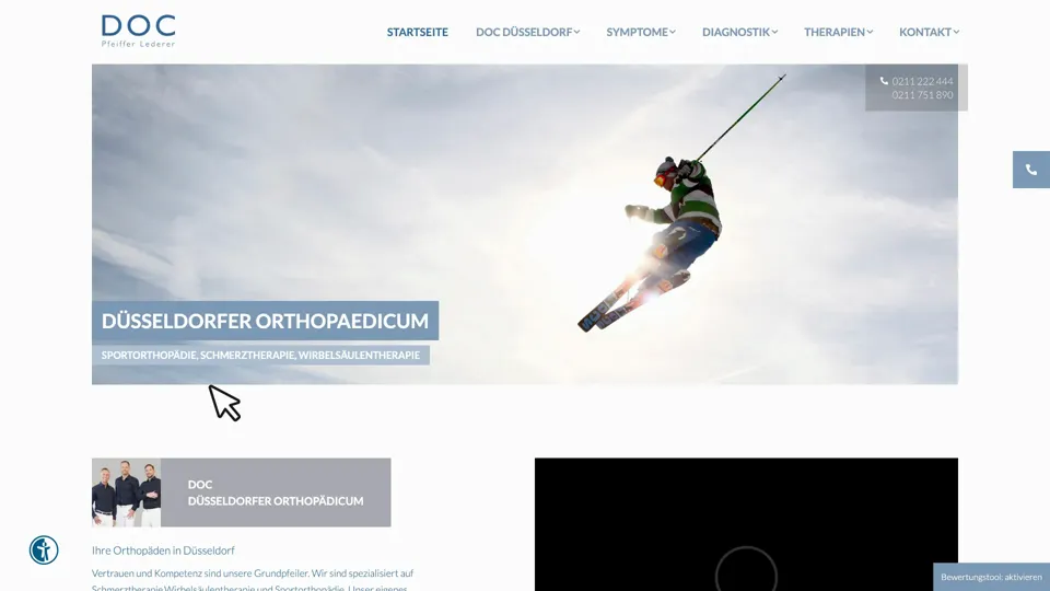 Das Bild zeigt die Webseite http://www.orthopaedicum-duesseldorf.de mit einem aktiven danova Assistant, der geöffnet und wieder geschlossen wird.