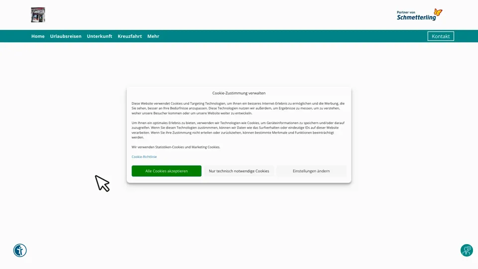 Das Bild zeigt die Webseite http://www.reisefundgrube-karlsruhe.de mit einem aktiven danova Assistant, der geöffnet und wieder geschlossen wird.