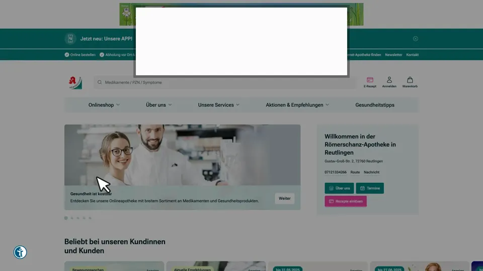 Das Bild zeigt die Webseite www.roemerschanzapotheke.de mit einem aktiven danova Assistant, der geöffnet und wieder geschlossen wird.