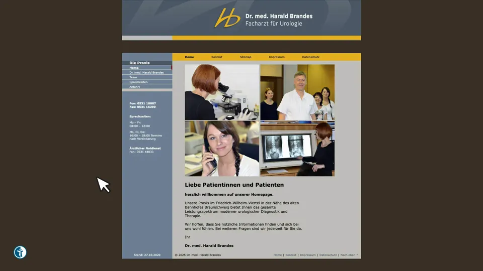 Das Bild zeigt die Webseite www.urologie-bs.de mit einem aktiven danova Assistant, der geöffnet und wieder geschlossen wird.