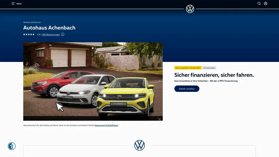 Das Bild zeigt die Webseite http://www.volkswagen-autohaus-achenbach.de mit einem aktiven danova Assistant, der geöffnet und wieder geschlossen wird.