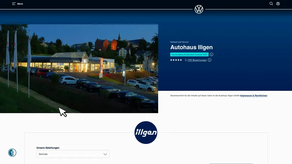 Das Bild zeigt die Webseite www.volkswagen-illgen.de mit einem aktiven danova Assistant, der geöffnet und wieder geschlossen wird.