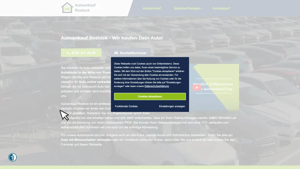 Das Bild zeigt die Webseite https://autoankauf-rostock.top mit einem aktiven danova Assistant, der geöffnet und wieder geschlossen wird.