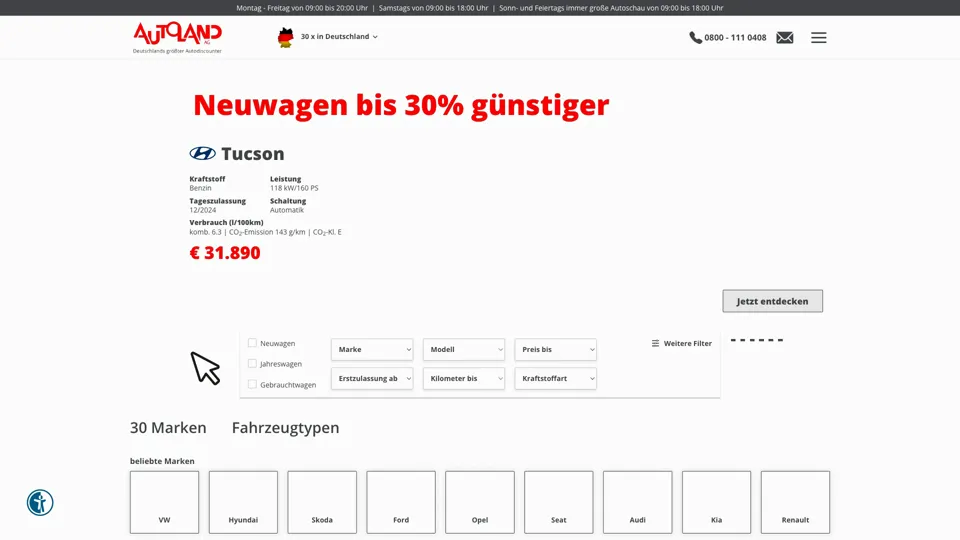 Das Bild zeigt die Webseite https://autoland.de mit einem aktiven danova Assistant, der geöffnet und wieder geschlossen wird.