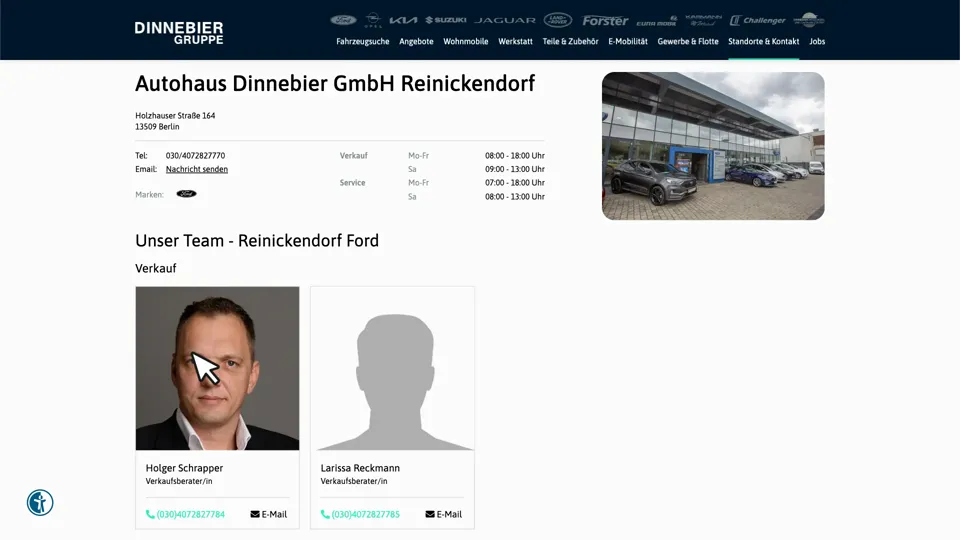 Das Bild zeigt die Webseite www.dinnebiergruppe.de mit einem aktiven danova Assistant, der geöffnet und wieder geschlossen wird.