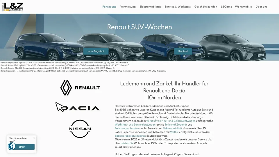 Das Bild zeigt die Webseite https://lzautomobile.de mit einem aktiven danova Assistant, der geöffnet und wieder geschlossen wird.