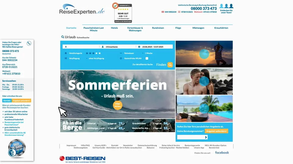 Das Bild zeigt die Webseite https://reiseexperten.com mit einem aktiven danova Assistant, der geöffnet und wieder geschlossen wird.
