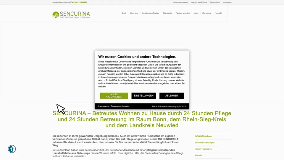 Das Bild zeigt die Webseite www.sencurina.de mit einem aktiven danova Assistant, der geöffnet und wieder geschlossen wird.