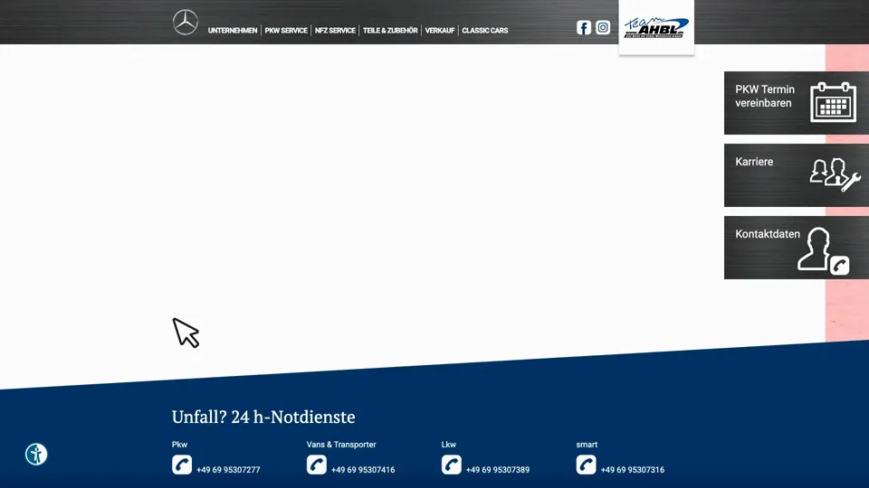 Das Bild zeigt die Webseite https://www.ahbl.de/ mit einem aktiven danova Assistant, der geöffnet und wieder geschlossen wird.