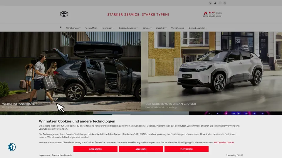 Das Bild zeigt die Webseite www.ais-toyota.de mit einem aktiven danova Assistant, der geöffnet und wieder geschlossen wird.