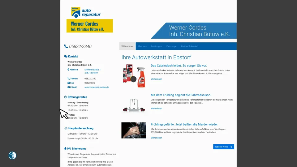 Das Bild zeigt die Webseite www.autohaus-cordes-ebstorf.de mit einem aktiven danova Assistant, der geöffnet und wieder geschlossen wird.
