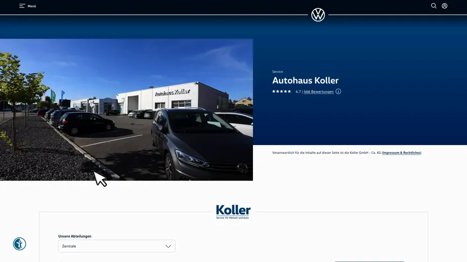Das Bild zeigt die Webseite https://www.autohaus-koller-wolfsburg.de mit einem aktiven danova Assistant, der geöffnet und wieder geschlossen wird.