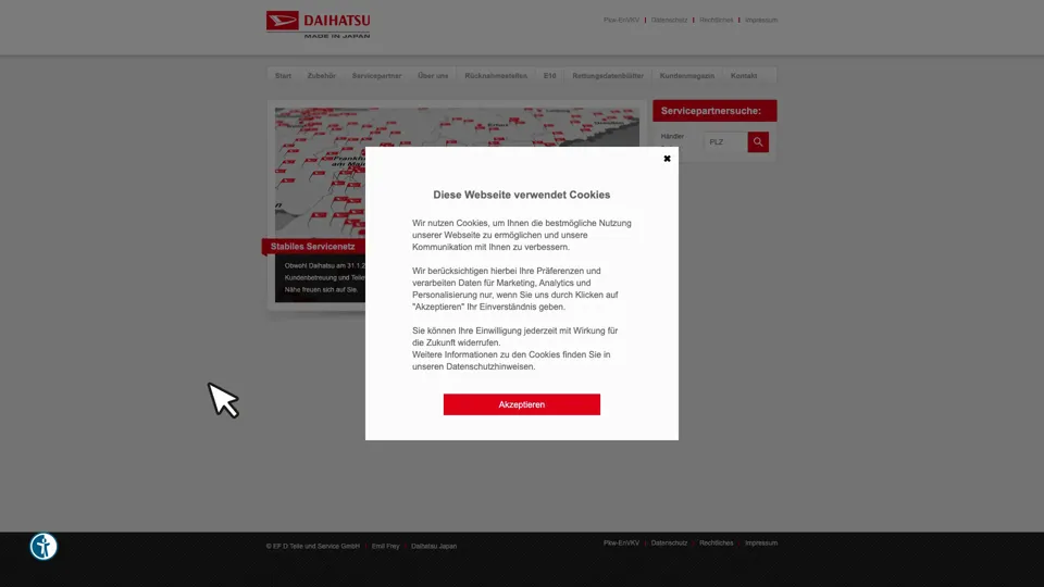 Das Bild zeigt die Webseite www.daihatsu.de mit einem aktiven danova Assistant, der geöffnet und wieder geschlossen wird.