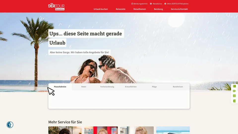 Das Bild zeigt die Webseite https://www.der.com/reisebuero/Nuernberg-Flughafenstrasse-100 mit einem aktiven danova Assistant, der geöffnet und wieder geschlossen wird.