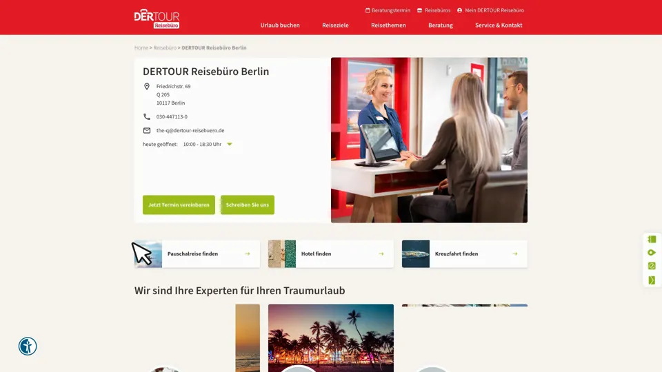 Das Bild zeigt die Webseite www.dertour-reisebuero.de mit einem aktiven danova Assistant, der geöffnet und wieder geschlossen wird.