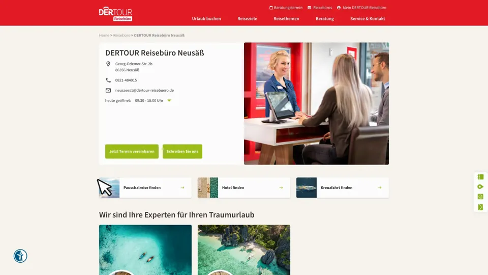 Das Bild zeigt die Webseite www.dertour-reisebuero.de mit einem aktiven danova Assistant, der geöffnet und wieder geschlossen wird.