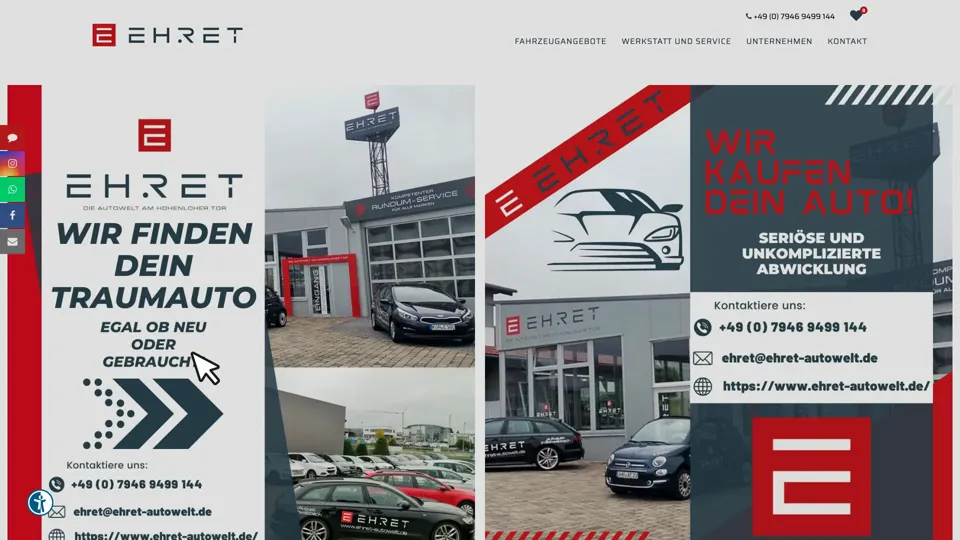 Das Bild zeigt die Webseite www.ehret-autowelt.de mit einem aktiven danova Assistant, der geöffnet und wieder geschlossen wird.